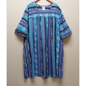 Women Plus 3X Boho Dress Tribal Print MuMu Blue Cotton Resort Lagenlook Pockets